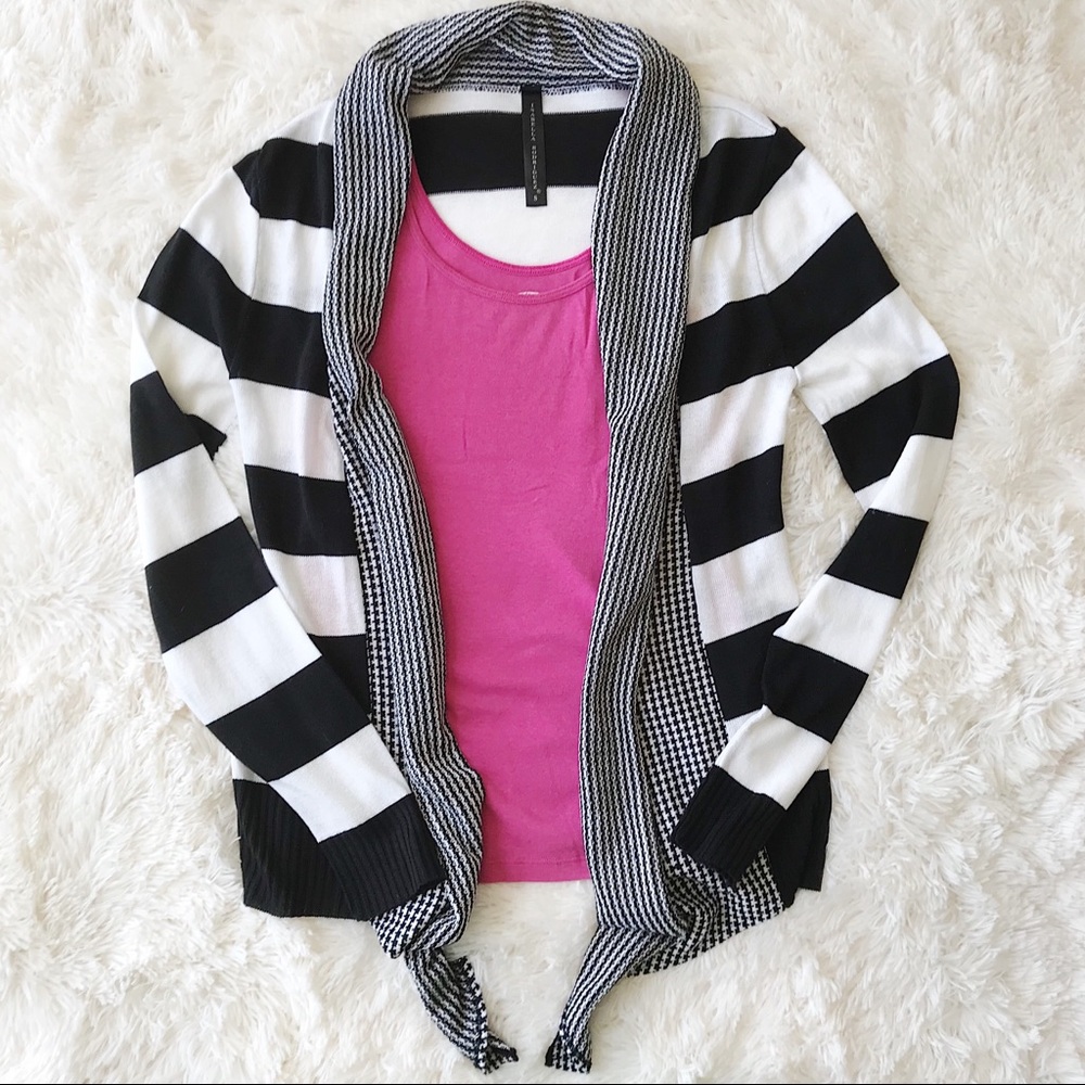 Black white striped check printed cardigan shawl collar waterfall Sz S